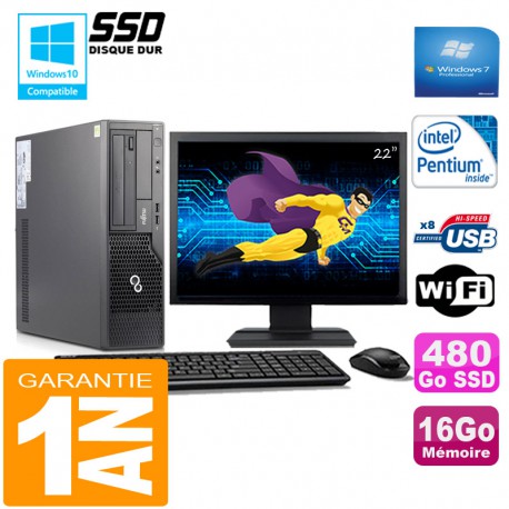 PC Fujitsu Esprimo E500 E85+ SFF G640 16Go Disque 480Go SSD Wifi W7 Ecran 22"
