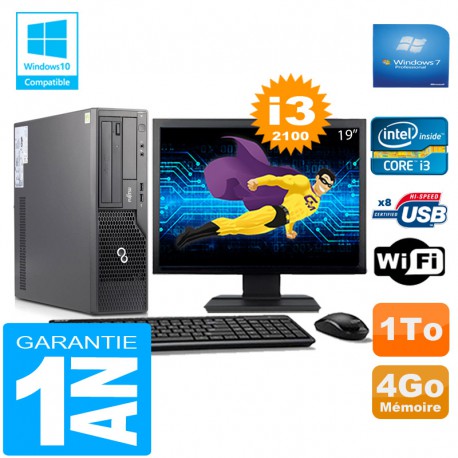 PC Fujitsu Esprimo E500 E85+ SFF Core I3-2100 4Go Disque 1 To Wifi W7 Ecran 19"