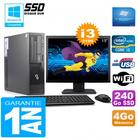 PC Fujitsu Esprimo E500 E85+ SFF I3-2100 4Go Disque 240Go SSD Wifi W7 Ecran 19"