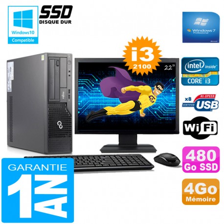 PC Fujitsu Esprimo E500 E85+ SFF I3-2100 4Go Disque 480Go SSD Wifi W7 Ecran 22"