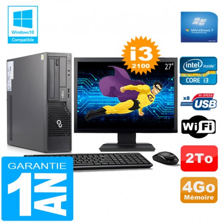 PC Fujitsu Esprimo E500 E85+ SFF Core I3-2100 4Go Disque 2 To Wifi W7 Ecran 27"