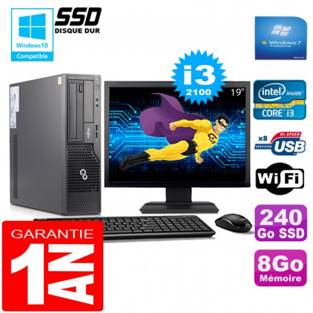 PC Fujitsu Esprimo E500 E85+ SFF I3-2100 8Go Disque 240Go SSD Wifi W7 Ecran 19"