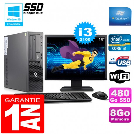 PC Fujitsu Esprimo E500 E85+ SFF I3-2100 8Go Disque 480Go SSD Wifi W7 Ecran 19"