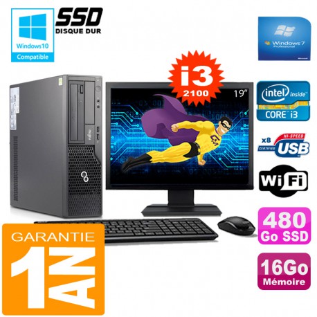 PC Fujitsu Esprimo E500 E85+ SFF I3-2100 16Go Disque 480Go SSD Wifi W7 Ecran 19"