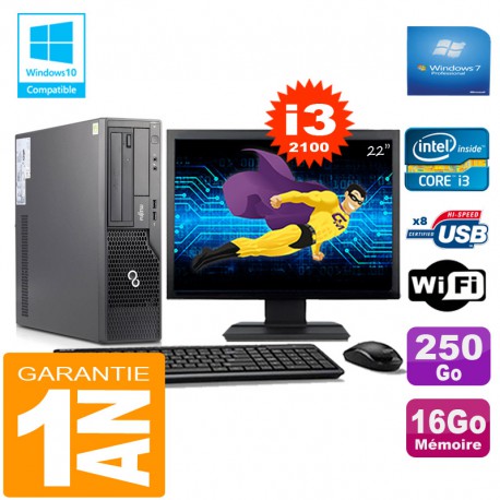 PC Fujitsu Esprimo E500 E85+ SFF I3-2100 RAM 16Go Disque 250Go Wifi W7 Ecran 22"