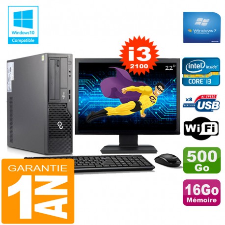 PC Fujitsu Esprimo E500 E85+ SFF I3-2100 RAM 16Go Disque 500Go Wifi W7 Ecran 22"