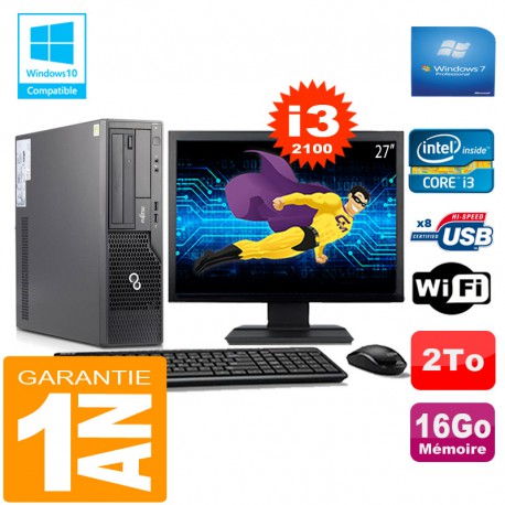 PC Fujitsu Esprimo E500 E85+ SFF Core I3-2100 16Go Disque 2 To Wifi W7 Ecran 27"