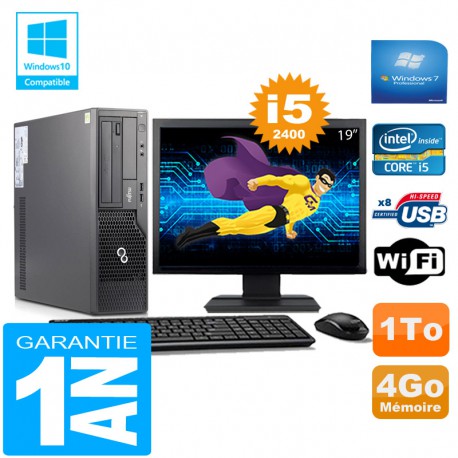 PC Fujitsu Esprimo E500 E85+ SFF Core I5-2400 4Go Disque 1 To Wifi W7 Ecran 19"