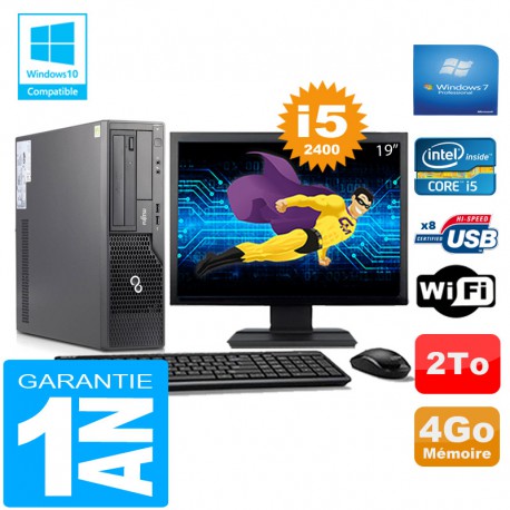PC Fujitsu Esprimo E500 E85+ SFF Core I5-2400 4Go Disque 2 To Wifi W7 Ecran 19"