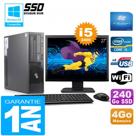PC Fujitsu Esprimo E500 E85+ SFF I5-2400 4Go Disque 240Go SSD Wifi W7 Ecran 27"