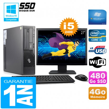 PC Fujitsu Esprimo E500 E85+ SFF I5-2400 4Go Disque 480Go SSD Wifi W7 Ecran 27"