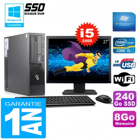 PC Fujitsu Esprimo E500 E85+ SFF I5-2400 8Go Disque 240Go SSD Wifi W7 Ecran 27"
