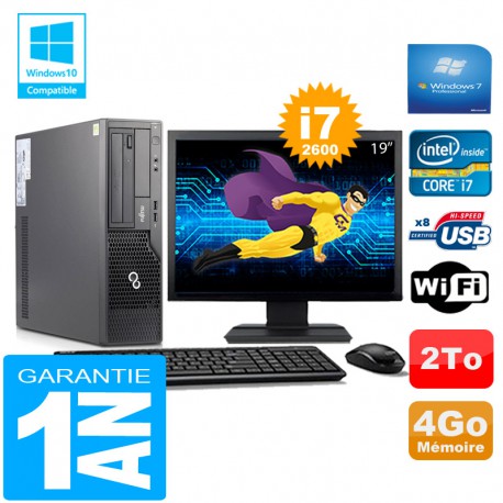 PC Fujitsu Esprimo E500 E85+ SFF Core I7-2600 4Go Disque 2 To Wifi W7 Ecran 19"