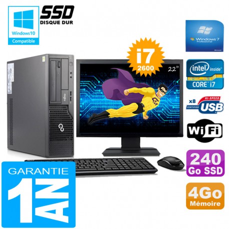 PC Fujitsu Esprimo E500 E85+ SFF I7-2600 4Go Disque 240Go SSD Wifi W7 Ecran 22"