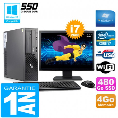 PC Fujitsu Esprimo E500 E85+ SFF I7-2600 4Go Disque 480Go SSD Wifi W7 Ecran 22"