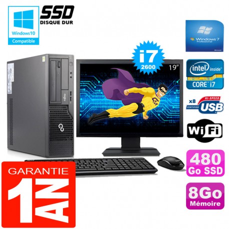 PC Fujitsu Esprimo E500 E85+ SFF I7-2600 8Go Disque 480Go SSD Wifi W7 Ecran 19"