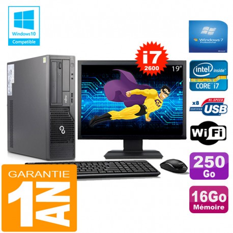 PC Fujitsu Esprimo E500 E85+ SFF I7-2600 RAM 16Go Disque 250Go Wifi W7 Ecran 19"