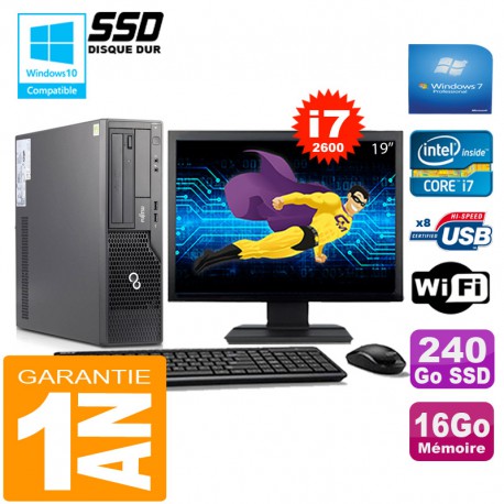 PC Fujitsu Esprimo E500 E85+ SFF I7-2600 16Go Disque 240Go SSD Wifi W7 Ecran 19"