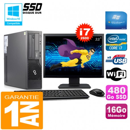 PC Fujitsu Esprimo E500 E85+ SFF I7-2600 16Go Disque 480Go SSD Wifi W7 Ecran 22"
