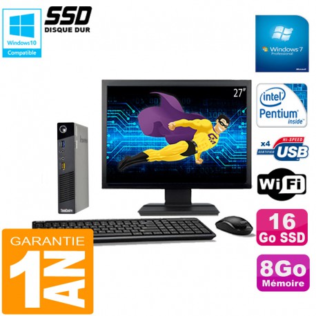 Ultra Mini PC Lenovo M73 USFF Tiny G3250T 8Go Disque 16Go SSD Wifi W7 Ecran 27"