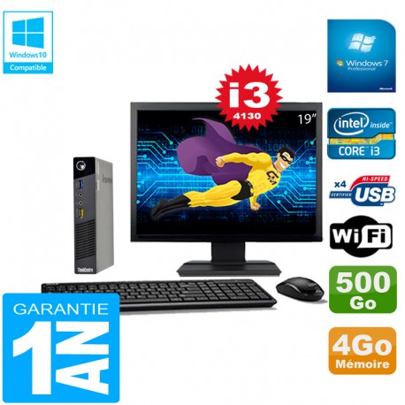 Ultra Mini PC Lenovo M73 USFF Tiny Core I3-4130 4Go 500Go Wifi W7 Ecran 19"