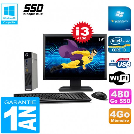 Ultra Mini PC Lenovo M73 USFF Tiny Core I3-4130 4Go 480Go SSD Wifi W7 Ecran 19"