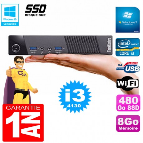 Ultra Mini PC Lenovo M73 USFF Tiny Core I3-4130 8Go Disque 480Go SSD Wifi W7