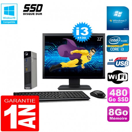 Ultra Mini PC Lenovo M73 USFF Tiny Core I3-4130 8Go 480Go SSD Wifi W7 Ecran 22"
