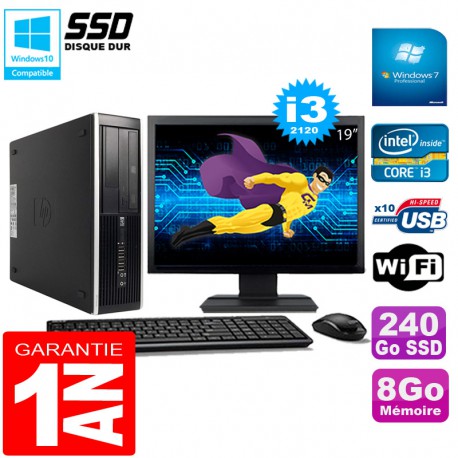 PC HP Compaq Pro 6300 SFF I3-2120 8Go 240Go SSD Graveur DVD Wifi W7 Ecran 19"