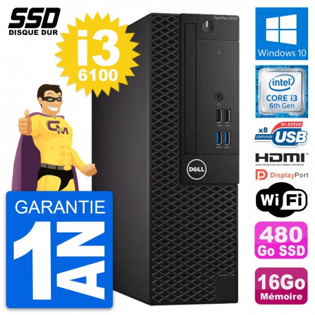 PC Dell OptiPlex 3050 SFF Intel i3-6100 RAM 16Go SSD 480Go HDMI Windows 10 Wifi