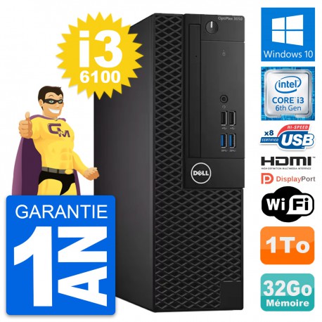 PC Dell OptiPlex 3050 SFF Intel i3-6100 RAM 32Go Disque 1To HDMI Windows 10 Wifi