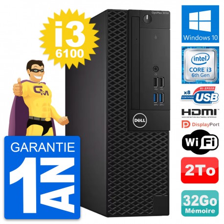 PC Dell OptiPlex 3050 SFF Intel i3-6100 RAM 32Go Disque 2To HDMI Windows 10 Wifi