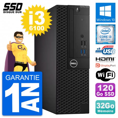 PC Dell OptiPlex 3050 SFF Intel i3-6100 RAM 32Go SSD 120Go HDMI Windows 10 Wifi