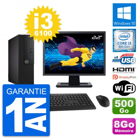 PC Dell 3050 SFF Ecran 22" i3-6100 RAM 8Go Disque Dur 500Go HDMI Windows 10 Wifi