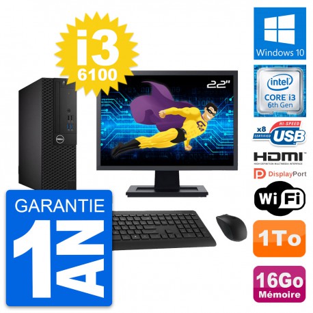 PC Dell 3050 SFF Ecran 22" Core i3-6100 RAM 16Go Disque 1To HDMI Windows 10 Wifi
