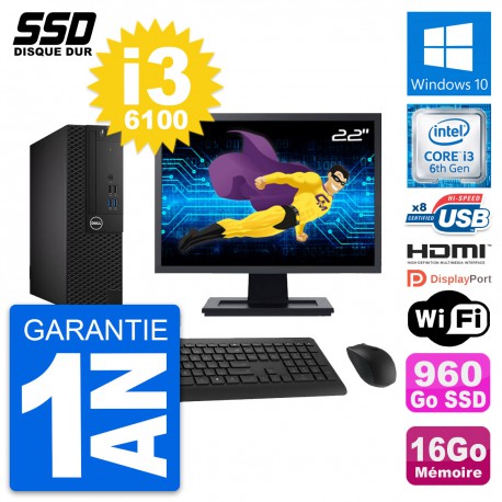 PC Dell 3050 SFF Ecran 22" Intel i3-6100 RAM 16Go SSD 960Go HDMI Windows 10 Wifi