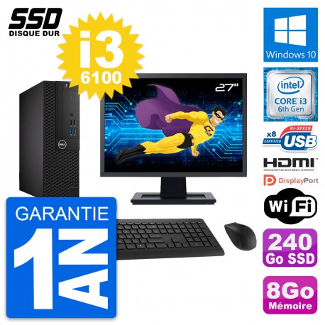 PC Dell 3050 SFF Ecran 27" Intel i3-6100 RAM 8Go SSD 240Go HDMI Windows 10 Wifi
