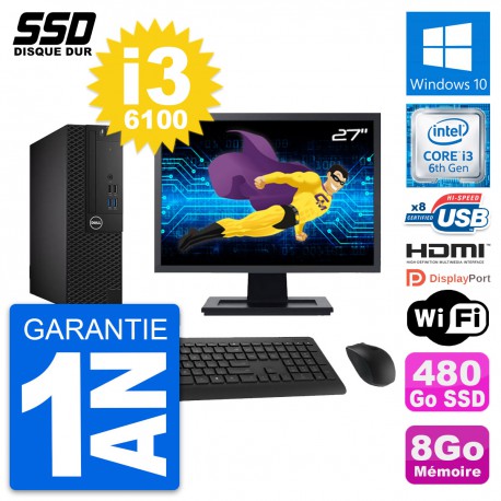 PC Dell 3050 SFF Ecran 27" Intel i3-6100 RAM 8Go SSD 480Go HDMI Windows 10 Wifi