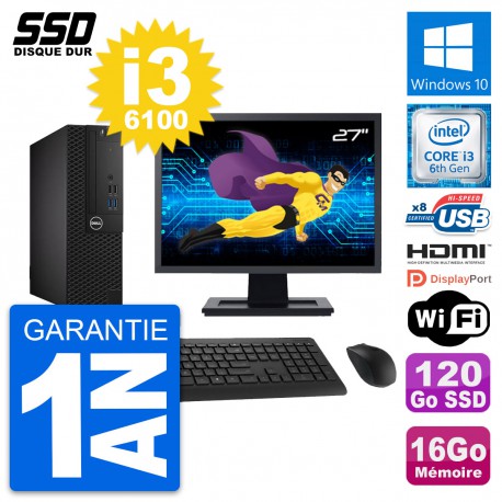 PC Dell 3050 SFF Ecran 27" Intel i3-6100 RAM 16Go SSD 120Go HDMI Windows 10 Wifi