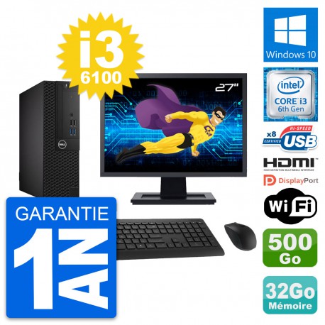 PC Dell 3050 SFF Ecran 27" i3-6100 RAM 32Go Disque 500Go HDMI Windows 10 Wifi