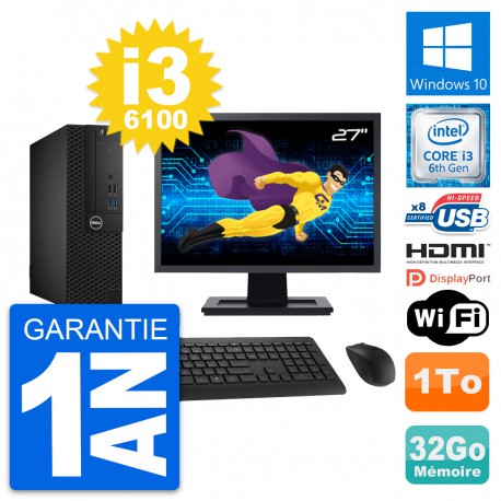 PC Dell 3050 SFF Ecran 27" Core i3-6100 RAM 32Go Disque 1To HDMI Windows 10 Wifi