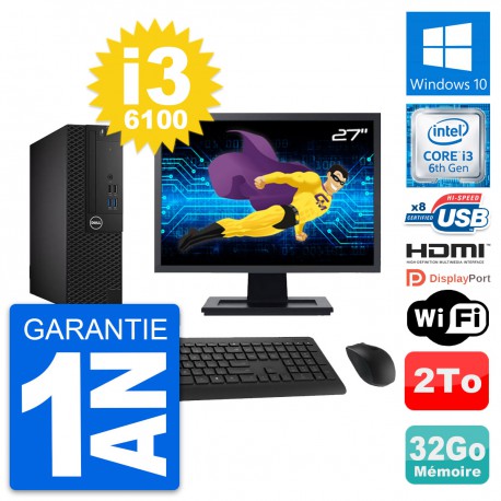 PC Dell 3050 SFF Ecran 27" Core i3-6100 RAM 32Go Disque 2To HDMI Windows 10 Wifi