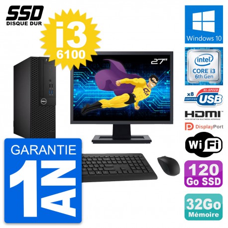 PC Dell 3050 SFF Ecran 27" Intel i3-6100 RAM 32Go SSD 120Go HDMI Windows 10 Wifi