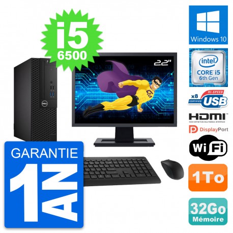 PC Dell 3050 SFF Ecran 22" Core i5-6500 RAM 32Go Disque 1To HDMI Windows 10 Wifi