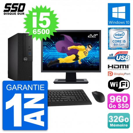 PC Dell 3050 SFF Ecran 22" Intel i5-6500 RAM 32Go SSD 960Go HDMI Windows 10 Wifi