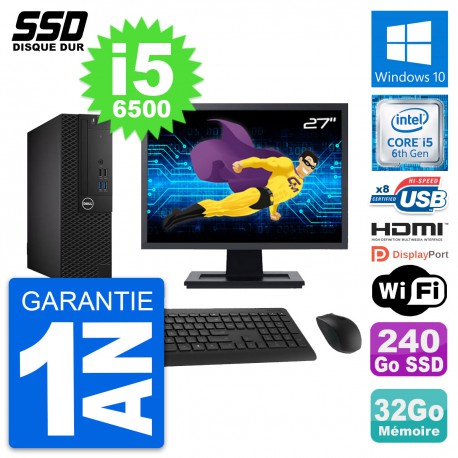 PC Dell 3050 SFF Ecran 27" Intel i5-6500 RAM 32Go SSD 240Go HDMI Windows 10 Wifi