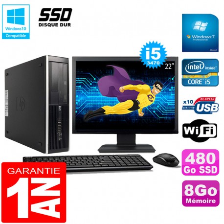PC HP Compaq Pro 6300 SFF I5-3470 8Go 480Go SSD Graveur DVD Wifi W7 Ecran 22"