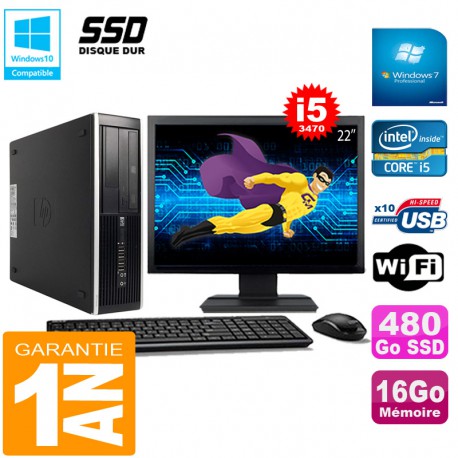 PC HP Compaq Pro 6300 SFF I5-3470 16Go 480Go SSD Graveur DVD Wifi W7 Ecran 22"