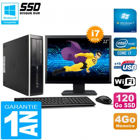 PC HP Compaq Pro 6300 SFF I7-3770 4Go 120Go SSD Graveur DVD Wifi W7 Ecran 22"