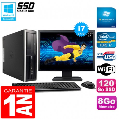PC HP Compaq Pro 6300 SFF I7-3770 8Go 120Go SSD Graveur DVD Wifi W7 Ecran 27"